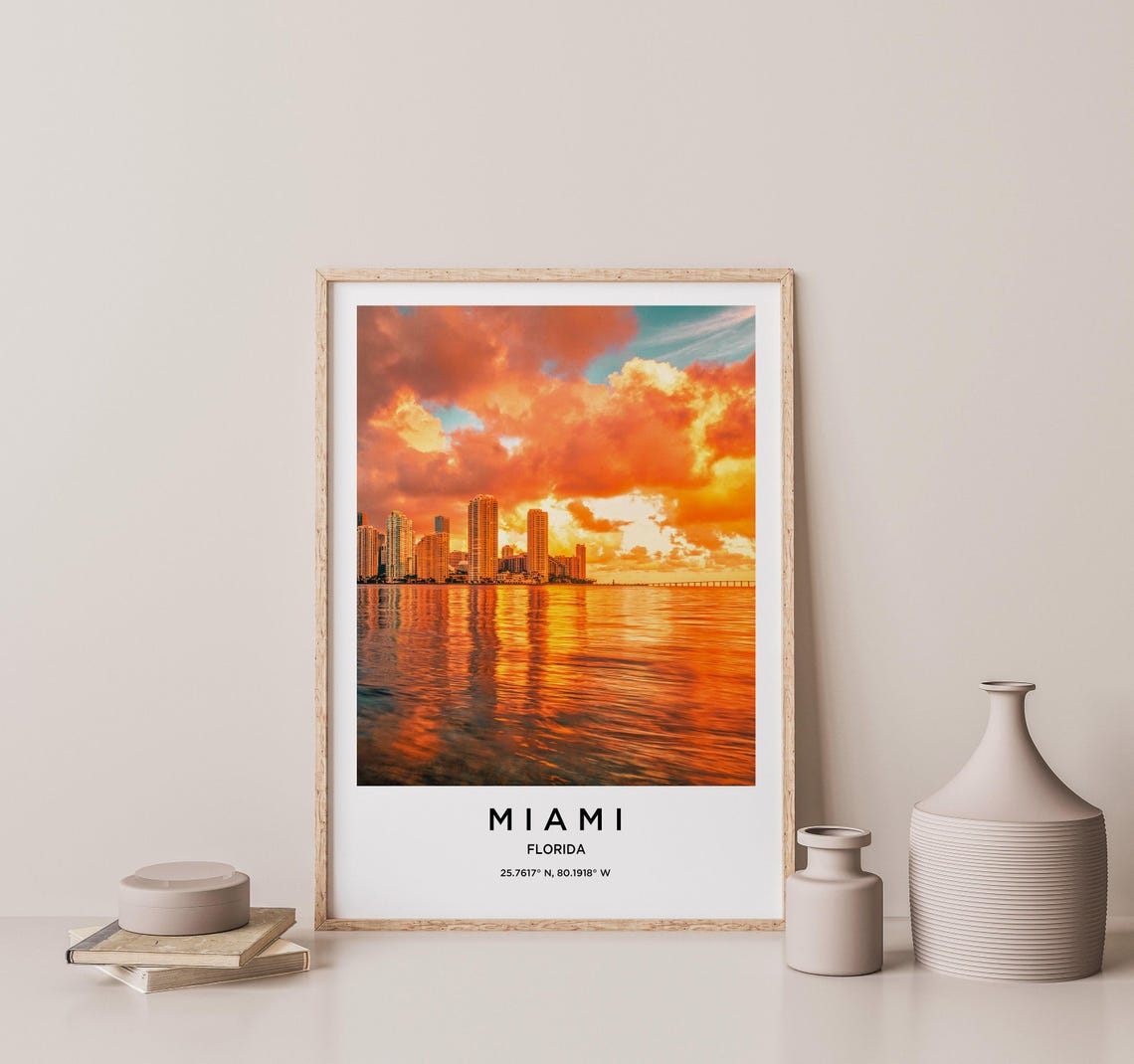 Miami Florida Fiery Orange Sunset Skyline Water Reflection Poster - Image 2