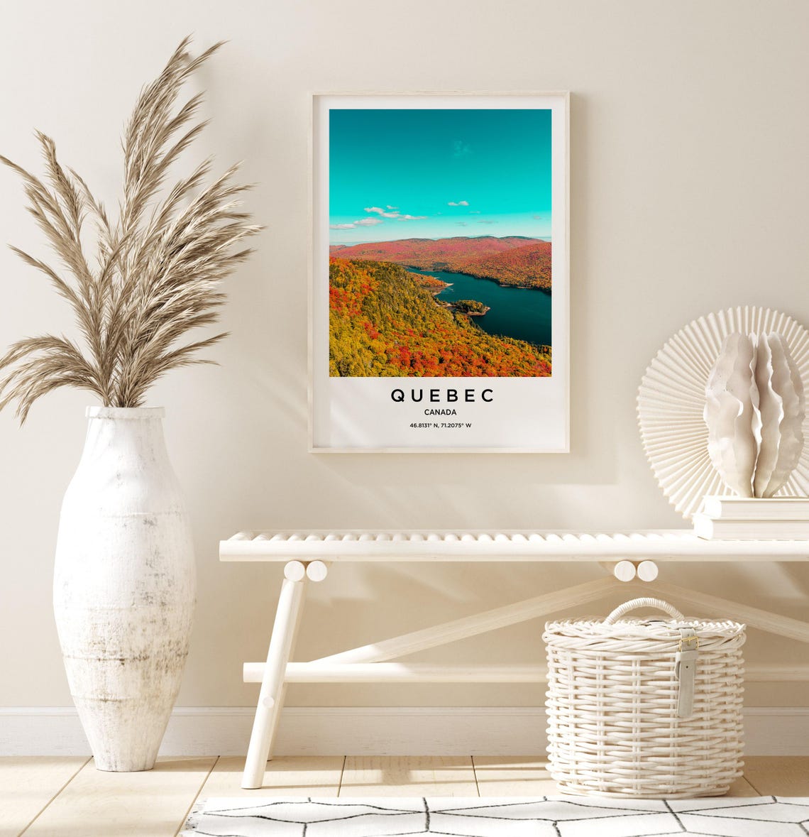 Quebec Canada Vivid Autumn Foliage Lake Aerial Travel Poster - Image 3