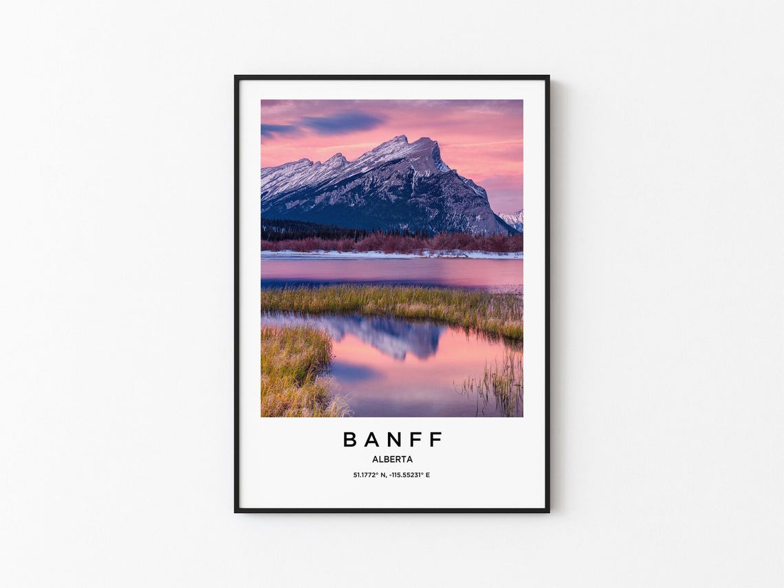 Banff Alberta Mountain Peak Pink Sunrise Reflection Photo Poster