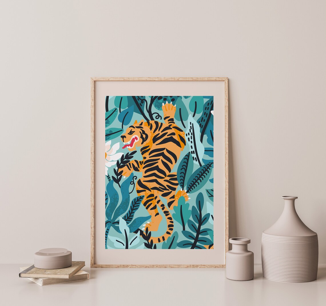 Bold Orange Tiger In Tropical Teal Jungle Leaves Art Poster For Living Room Decor - Image 2
