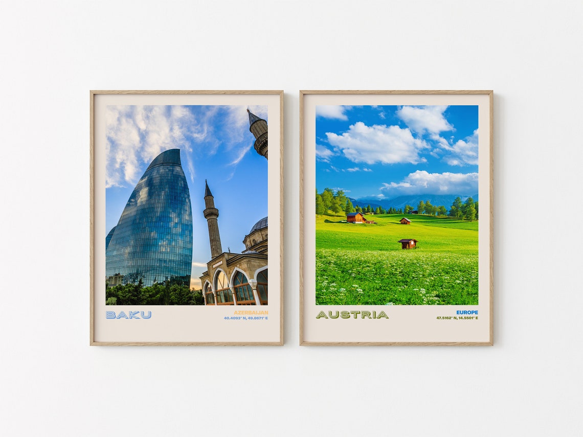 Baku Azerbaijan Flame Towers and Historic Old Mosque View Poster - Image 2
