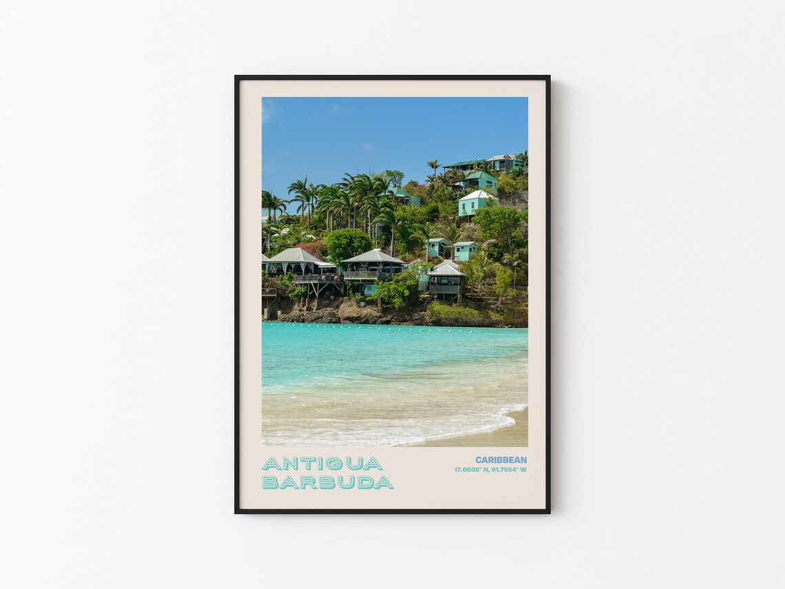 Antigua Barbuda Caribbean Beach Cottages Turquoise Sea Poster - Image 2