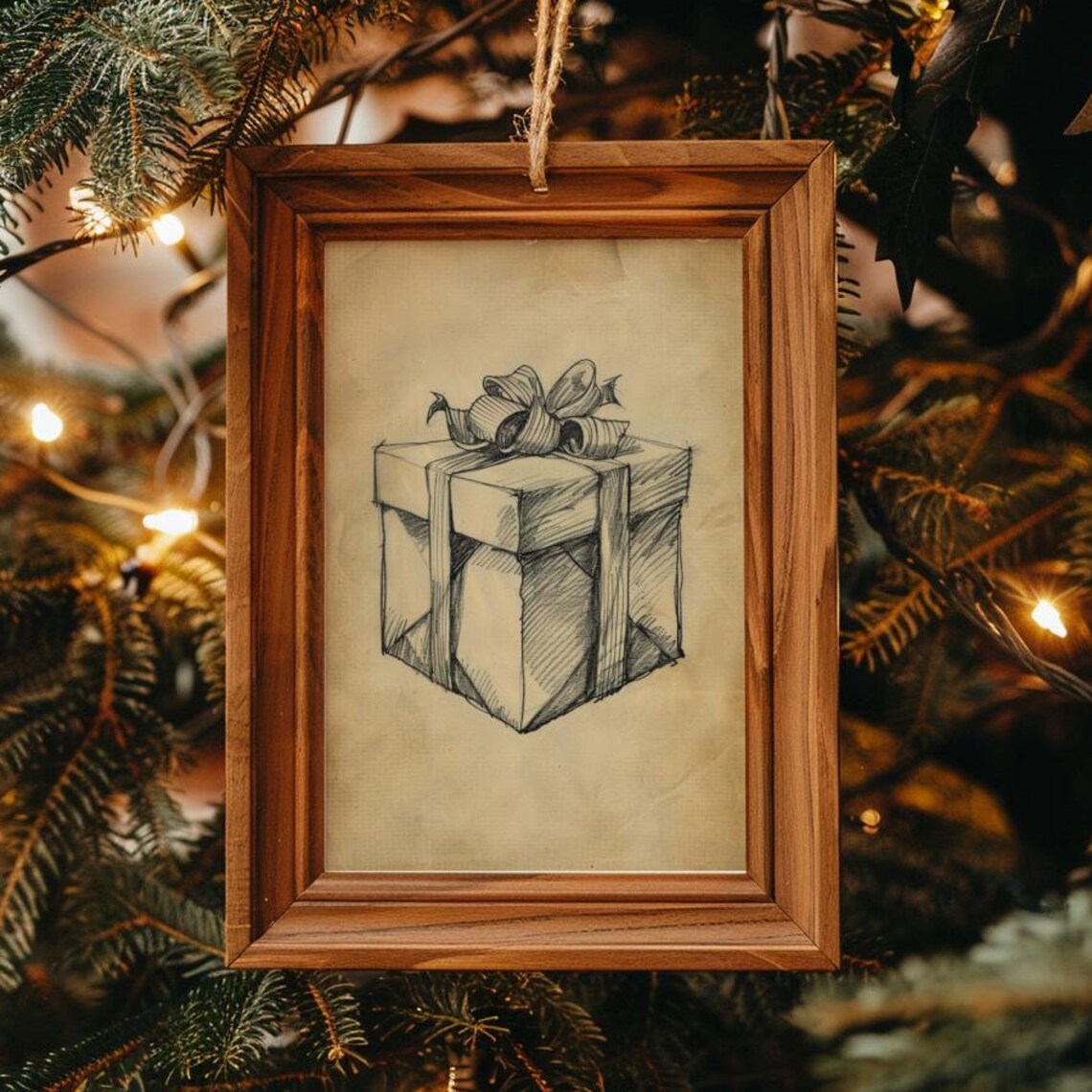 Pencil Sketch Gift Box With Ribbon Bow Vintage Christmas Art Print