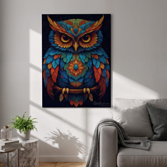 Owl Canvas Wall Art Colorful Spirit Animal Print Mystical Boho Bird Painting Framed Vibrant Decor For Bedroom Nursery Or Meditation Room