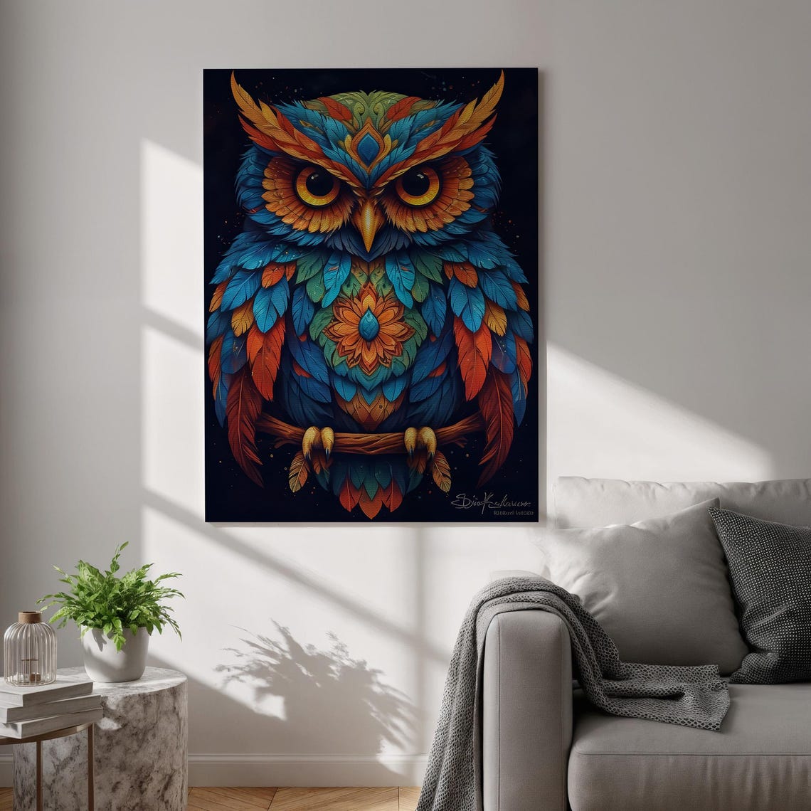 Vibrant Mandala Owl Blue Orange Feathers Mystical Bird Poster