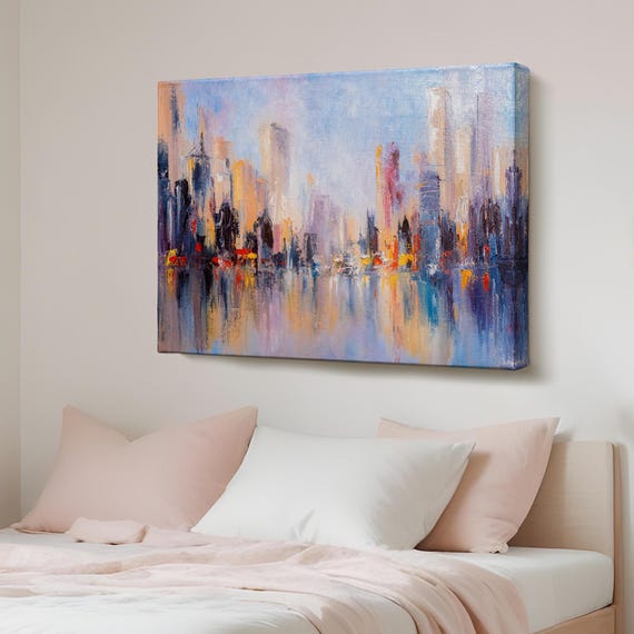Water Reflections And City Oil Painting Style Decorative Canvas Wall Art Abstract Modern Decor