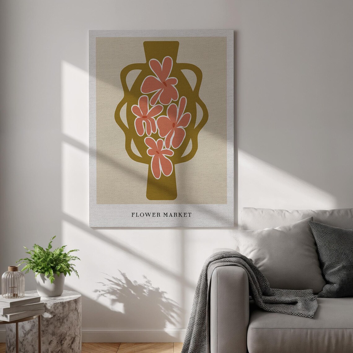 Flower Market Mustard Vase Coral Flowers Minimalist Wall Poster