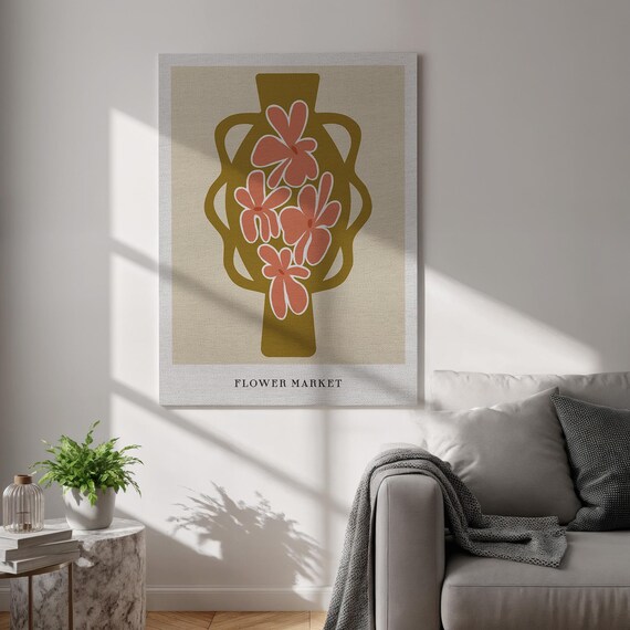 Flower Market Mustard Vase Coral Flowers Minimalist Wall Poster