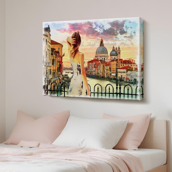 Venice Grand Canal Woman White Dress Sunset Watercolor Poster