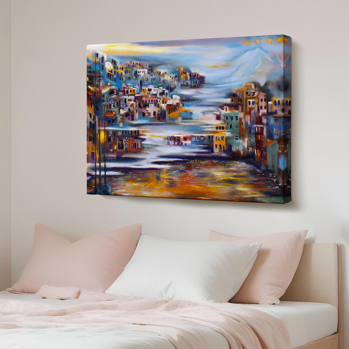 Colorful Village at Volcano Foot Lakeside Reflection Canvas Poster