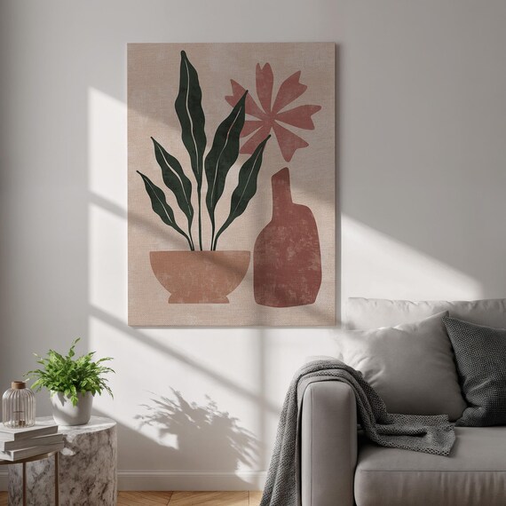 Framed Botanical Canvas Wall Art Terracotta Plant Print With Vase And Flower Neutral Minimalist Decor For Bedroom Entryway Or Office