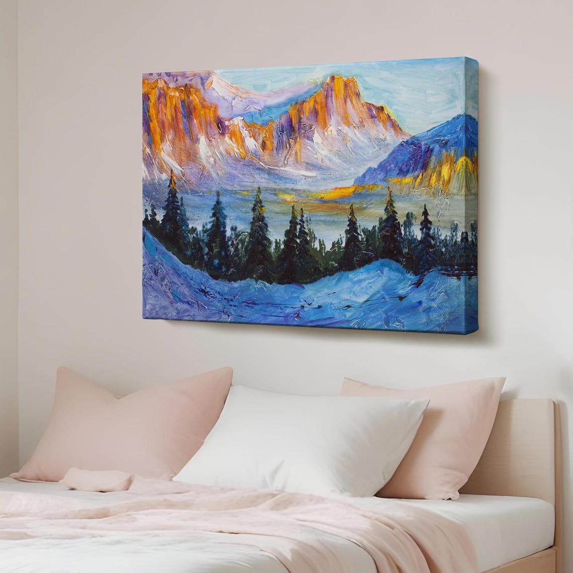 Sunlit Snowcapped Mountain Peaks Pine Forest Oil Painting Poster