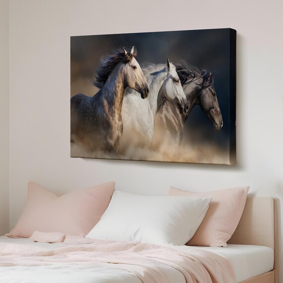 Three Wild Horses Running Through Dust Dramatic Wildlife Poster