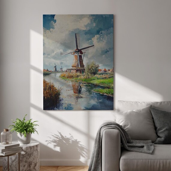 Classic Dutch Windmill Holland Canal Landscape Vintage Wall Art