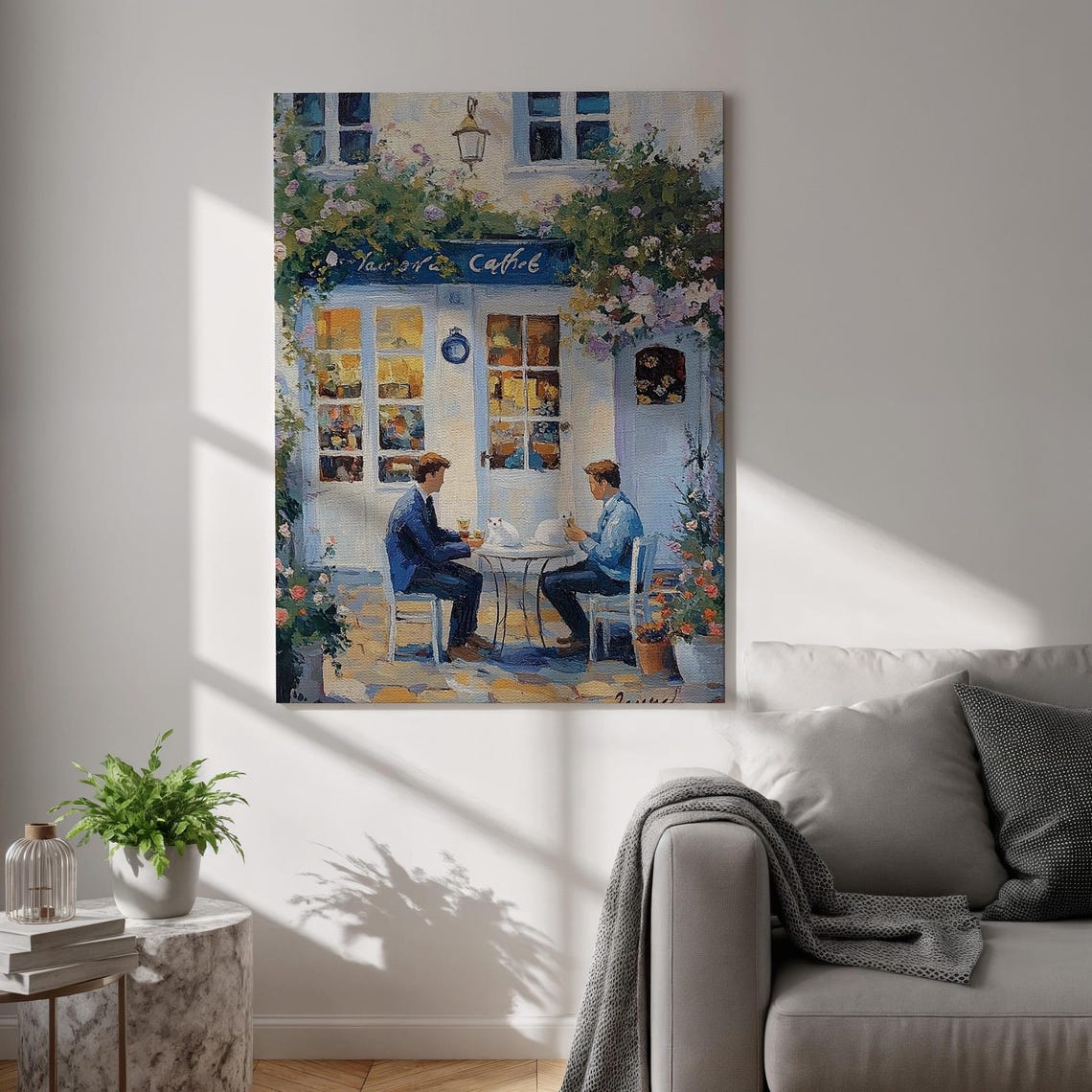 Parisian Cafe Two Men Coffee Flowered Facade Painting Poster