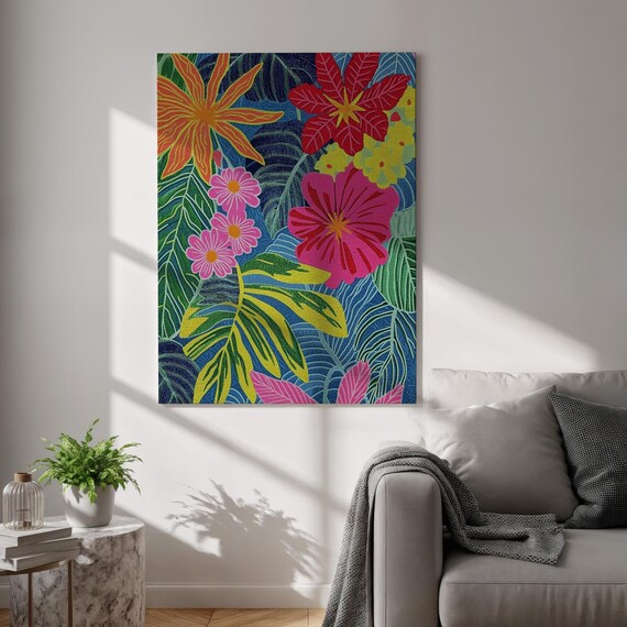Colorful Tropical Hibiscus Flowers Lush Jungle Botanical Poster