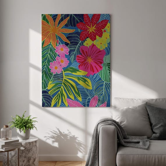 Tropical Floral Canvas Wall Art Colorful Flower Jungle Print Vibrant Boho Botanical Poster Framed Bold Decor For Bedroom And Living Room