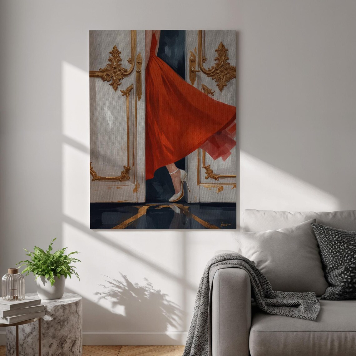Red Dress Fashion Illustration Woman Gold Doors Romantic Wall Poster
