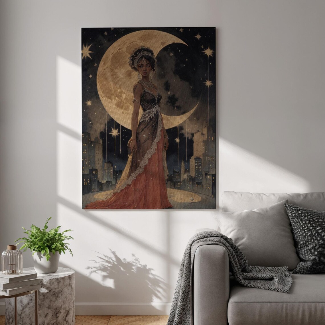 Celestial Moon Goddess Golden Moon Starry Night Fantasy Woman Art Poster