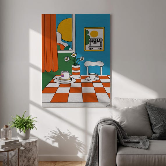 Retro Kitchen Wall Art Canvas Colorful Breakfast Table Print With Sunlight Checkered Tablecloth Decor Cozy Gift For Coffee And Lovers