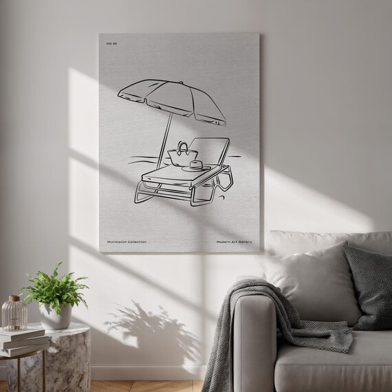 Summer Line Art Canvas Print Minimalist Beach Wall Black White Sun Umbrella Drawing Framed Seaside Poster For Calm Interiors