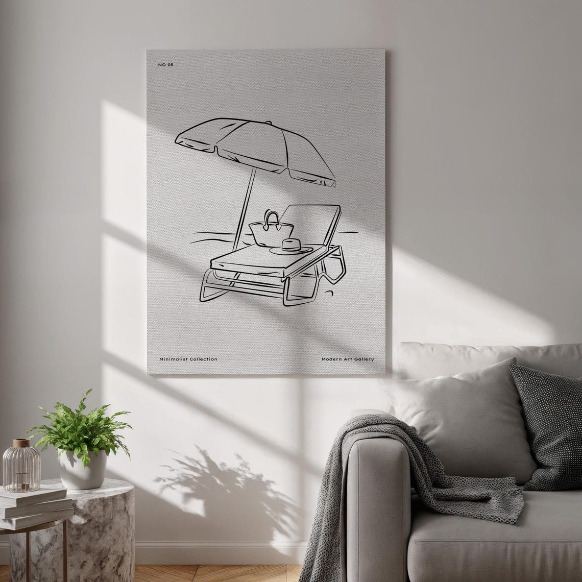 Minimalist Beach Lounger Umbrella Line Art Drawing Coastal Poster
