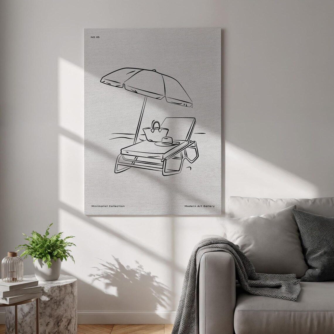 Summer Line Art Canvas Print Minimalist Beach Wall Black White Sun Umbrella Drawing Framed Seaside Poster For Calm Interiors