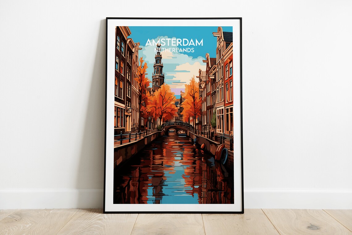Amsterdam Netherlands Autumn Canal Church Tower Daylight Travel Poster