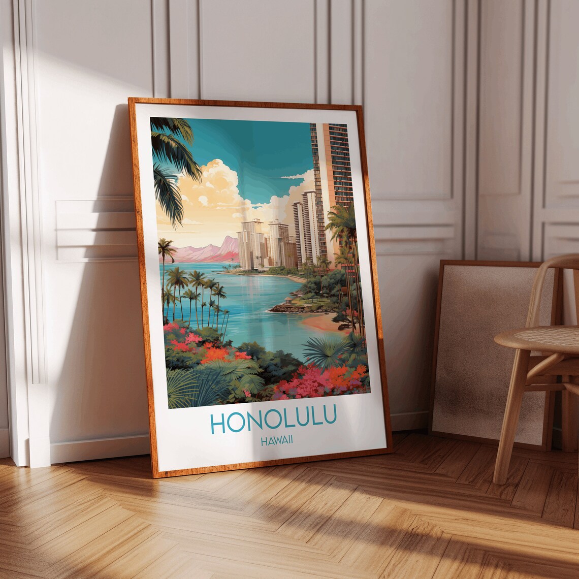 Honolulu Hawaii Tropical Lagoon Bay City Skyline Retro Poster - Image 2