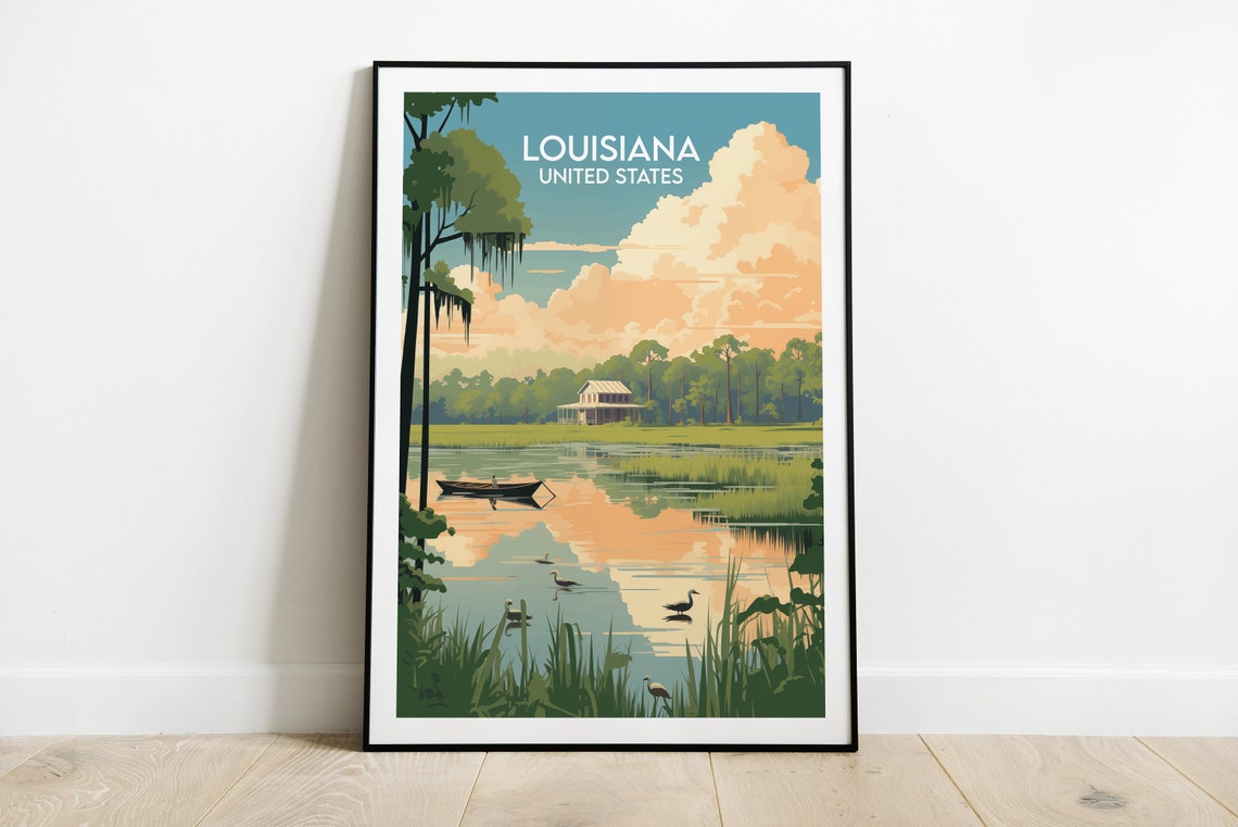 Louisiana Bayou Sunset Cypress Trees Swamp Retro Travel Poster