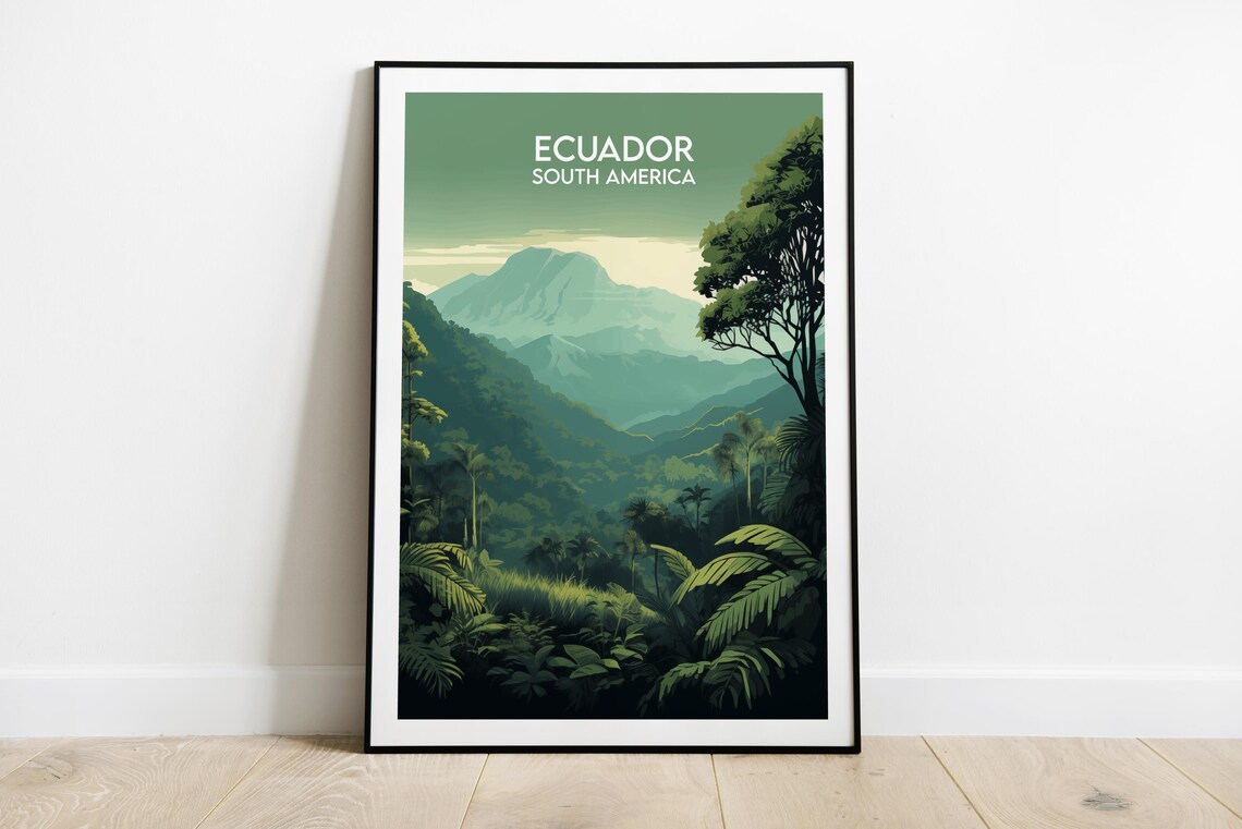 Ecuador South America Volcano Rainforest Green Retro Travel Poster