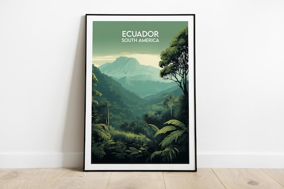 Ecuador South America Volcano Rainforest Green Retro Travel Poster