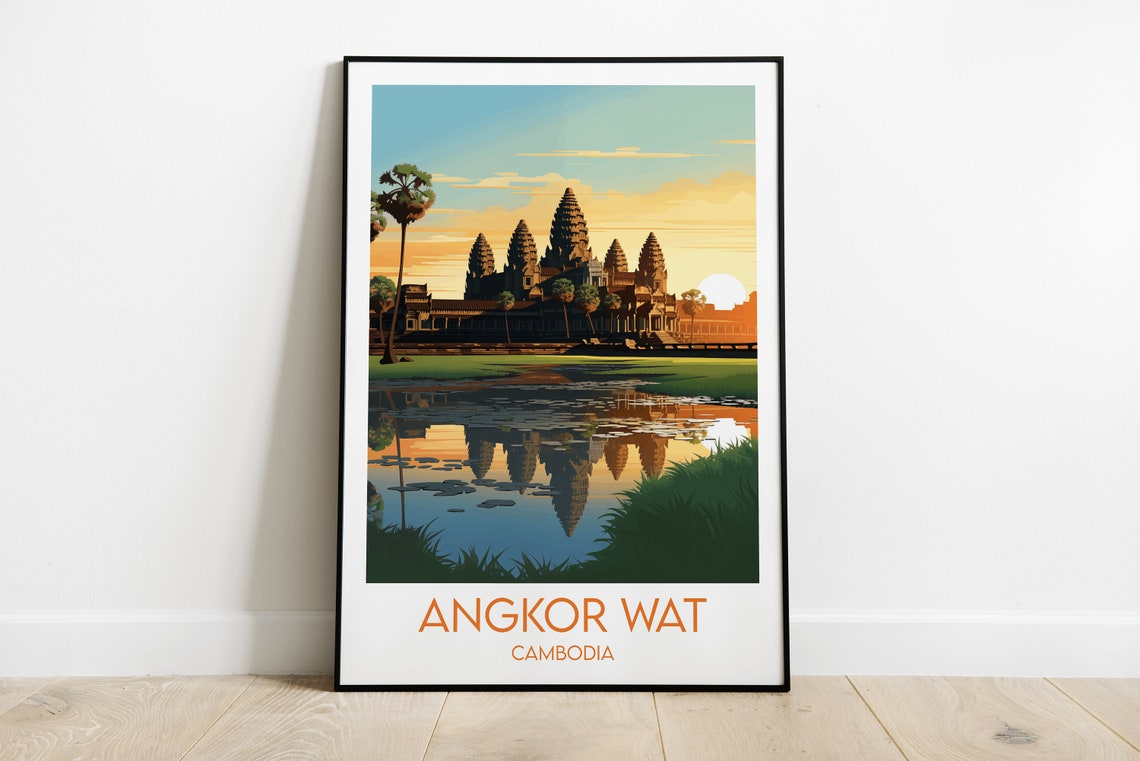 Angkor Wat Cambodia Temple Sunrise Reflection Retro Travel Poster