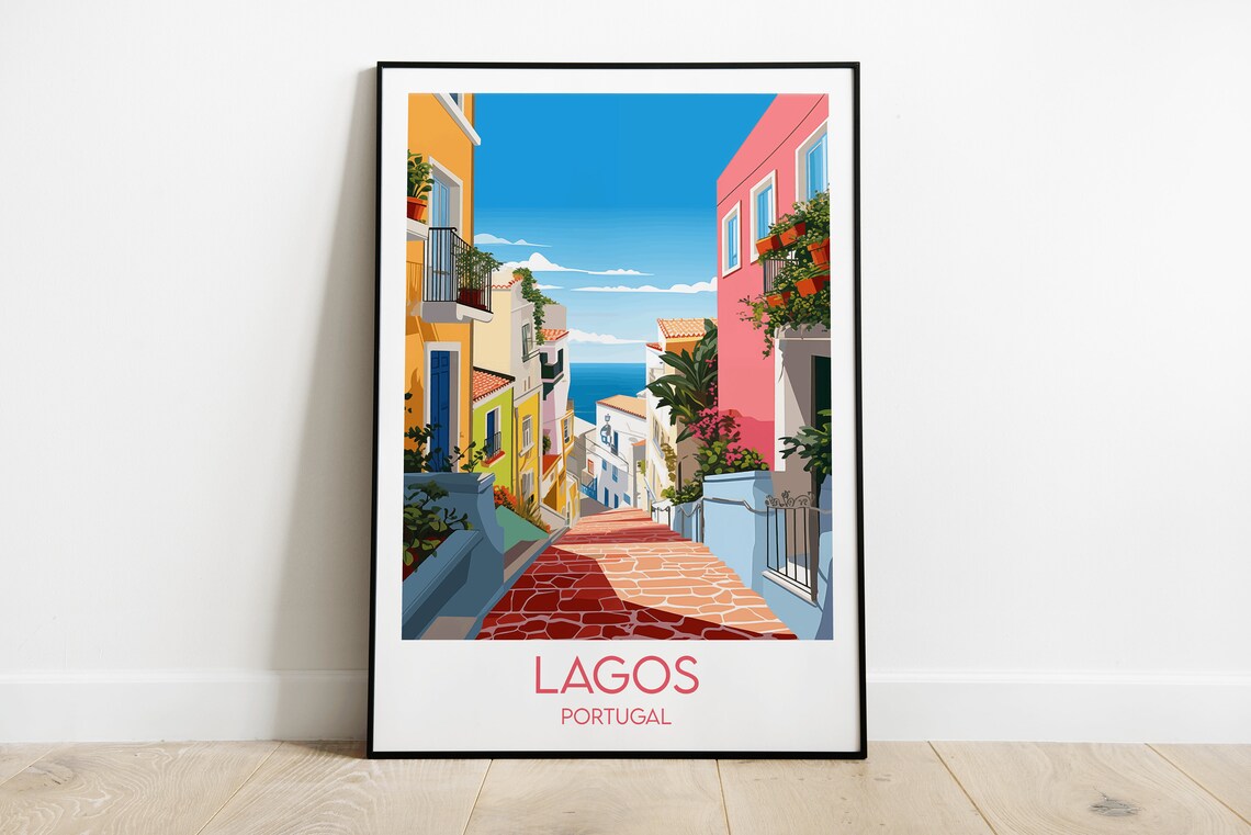 Lagos Portugal Old Town Street Sea View Illustrated Travel Poster