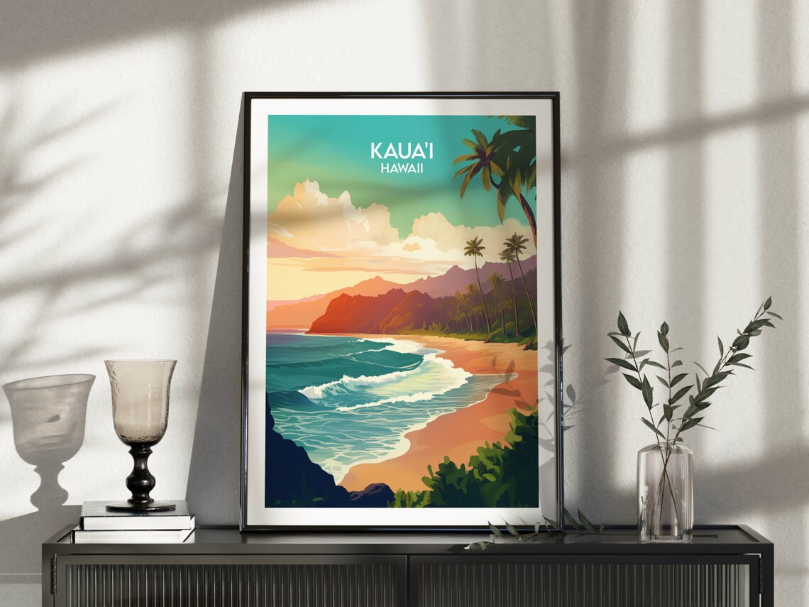 Kauai Hawaii Tropical Beach Sunset Retro Vintage Travel Poster - Image 3