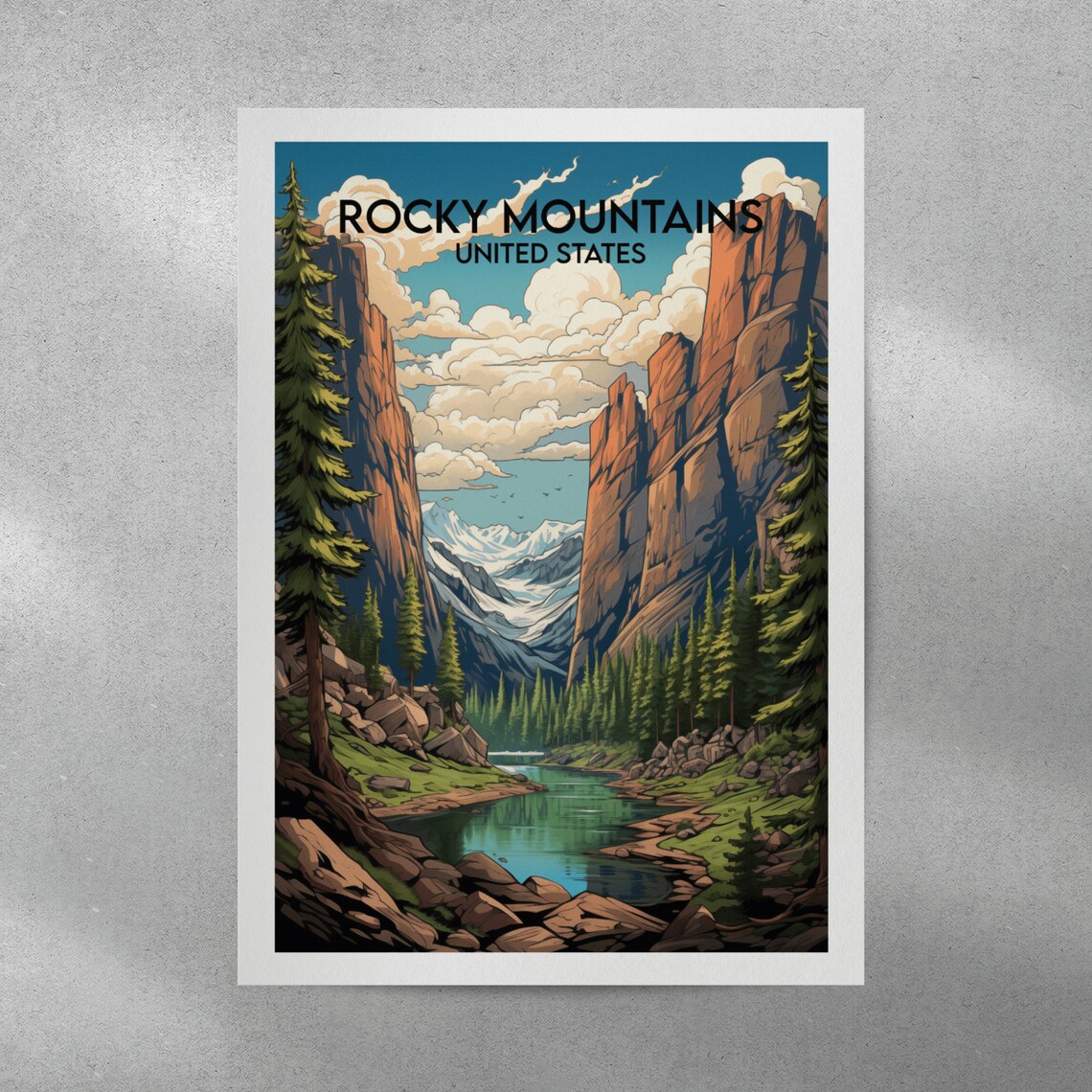 Rocky Mountains Canyon Lake Sunset Retro American Travel Poster - Image 3