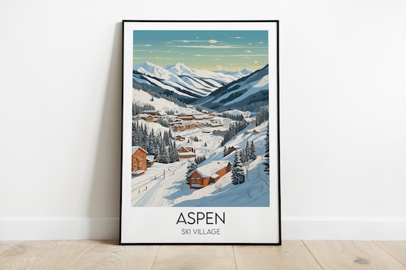 Aspen Ski Village Snowy Mountain Slopes Daytime Travel Poster