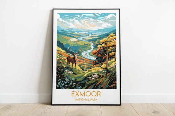 Exmoor National Park Red Deer Stag Valley River Travel Poster