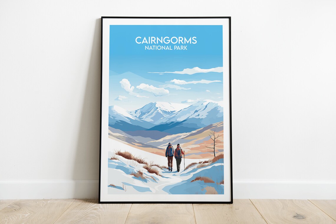 Cairngorms National Park Winter Hikers Snowy Mountains Travel Poster