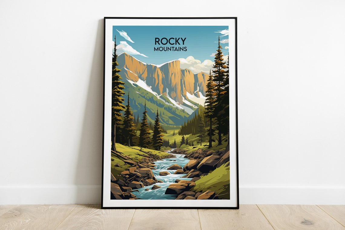Rocky Mountains Golden Cliff Valley Stream Nature Travel Poster