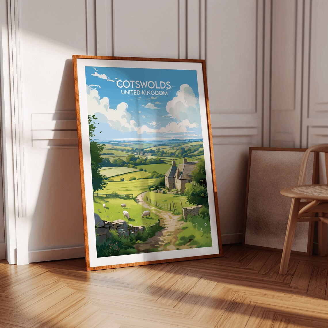Cotswolds United Kingdom Stone Cottage Sheep Meadow Travel Poster - Image 2