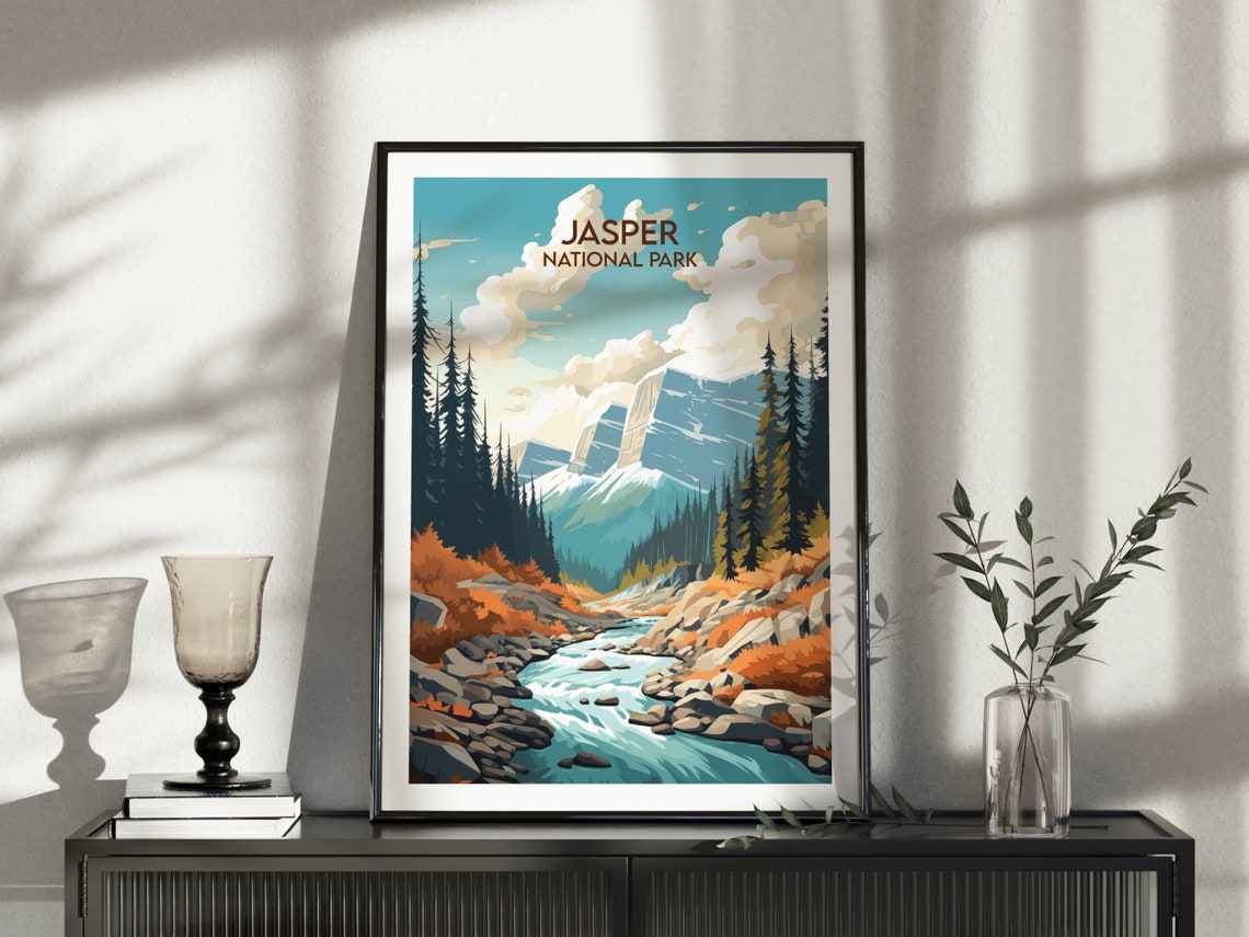 Jasper National Park Canada Travel Poster Mountain River Pine Art - Image 5