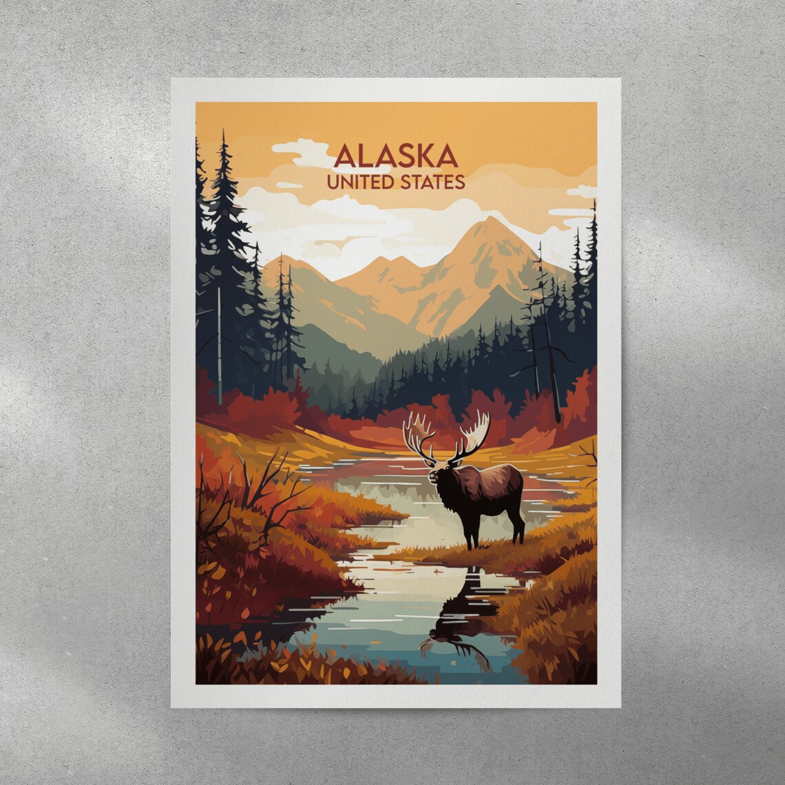 Alaska United States Moose Autumn Lake Wildlife Travel Poster - Image 3