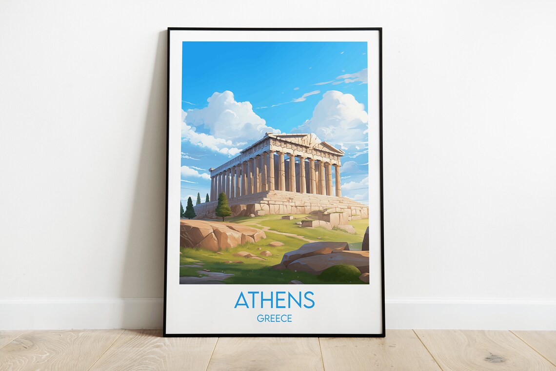 Athens Greece Parthenon Acropolis Blue Sky Vintage Travel Poster