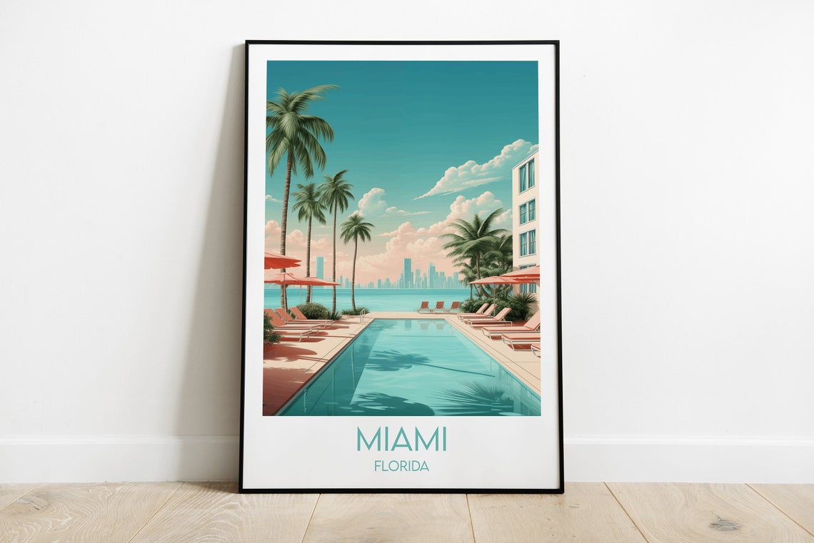 Miami Florida Pool Deck Palms Retro Illustrated Travel Poster
