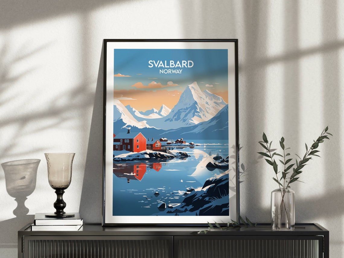 Svalbard Norway Travel Poster Arctic Cabins Snowy Mountain Artwork - Image 4