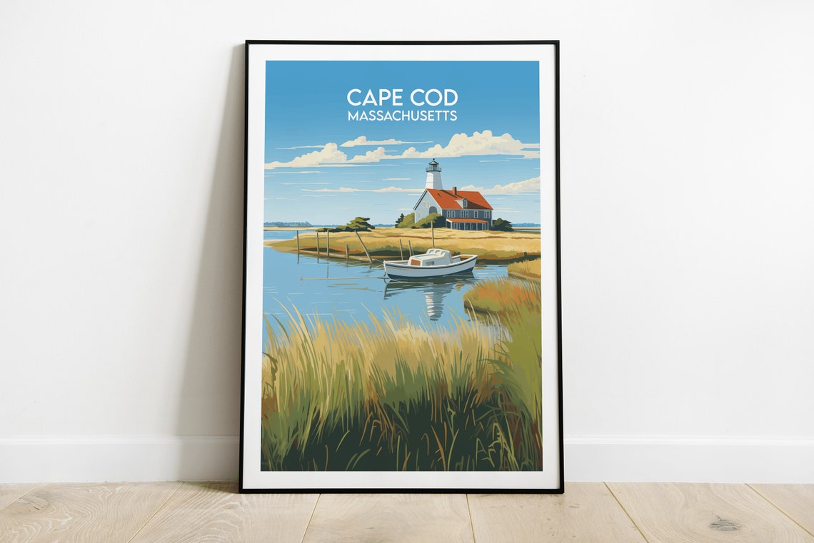 Cape Cod Massachusetts Lighthouse and Boat Marsh Scene Travel Poster