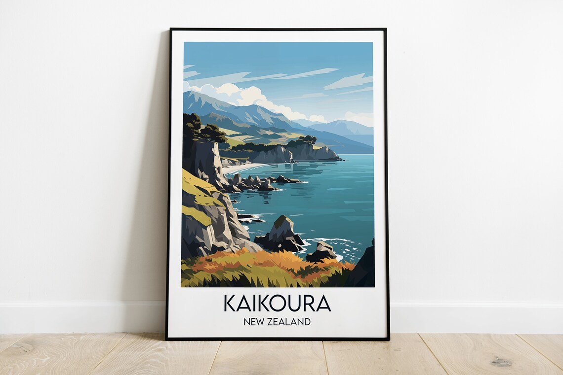 Kaikoura New Zealand Cliff Coast Turquoise Sea Scenic Travel Poster