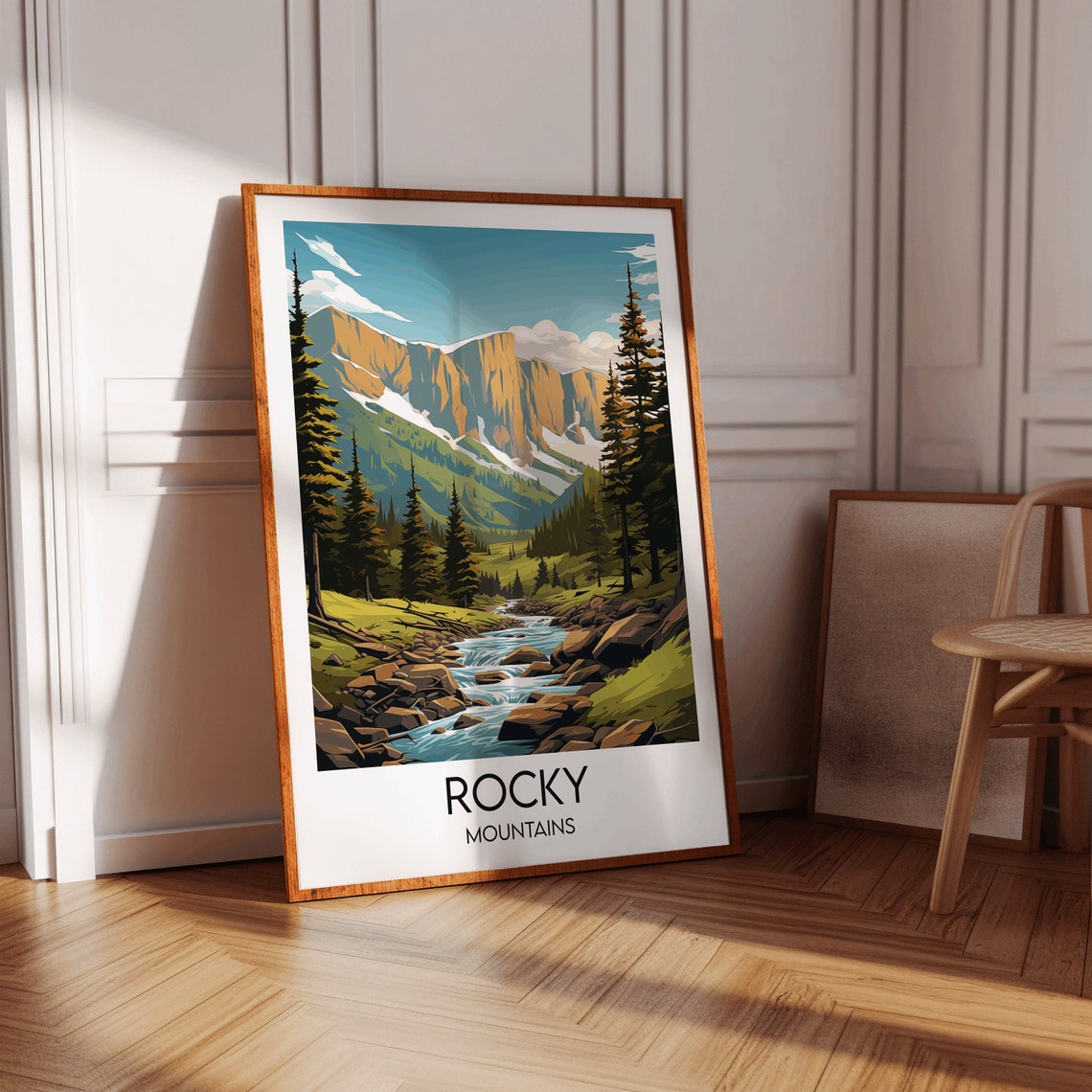 Rocky Mountains Alpine Stream Pines Golden Peaks Travel Poster - Image 3