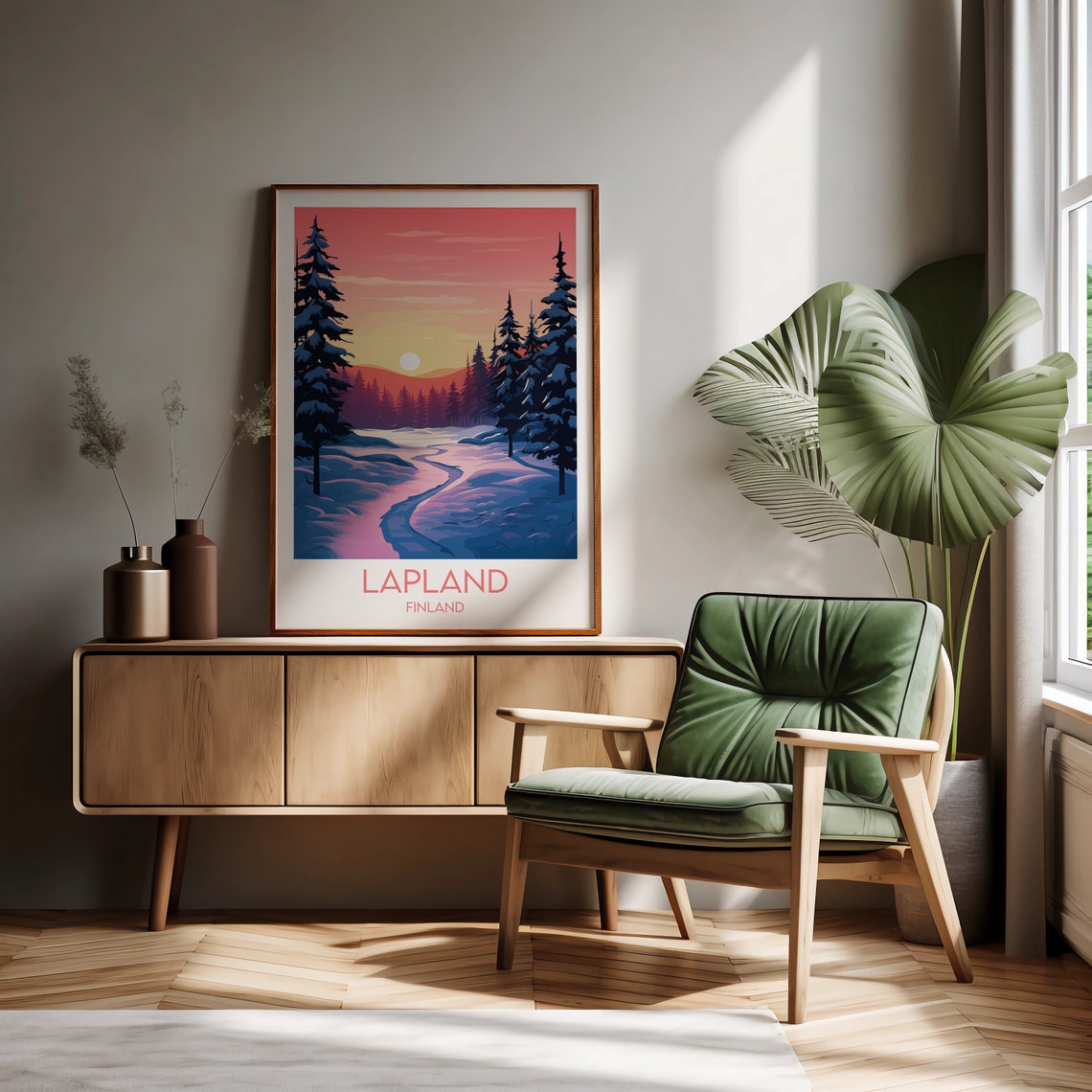 Lapland Finland Snowy Pine Forest Winter Sunset Travel Poster - Image 3